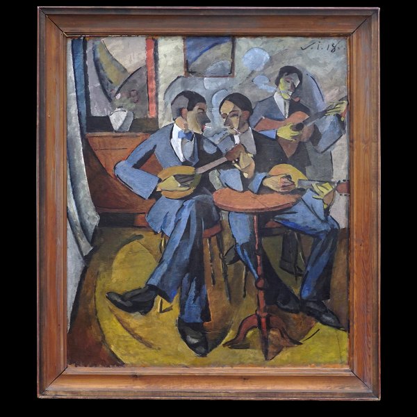 Victor Isbrand, 1897-1988, Öl auf Platte. Kubistische Komposition, "Das Trio stimmt ihre Instrumente". Signiert und datiert 1918. Mehrmals ausgestellt und in der Literatur abgebildet. Lichtmasse: 105x88cm. Mit Rahmen: 121x106cm