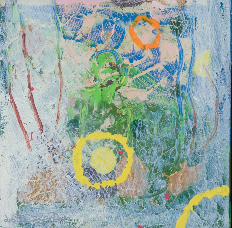 Lotte Kjøller, dansk kunstner. Mixed media på lærred. Abstrakt komposition.