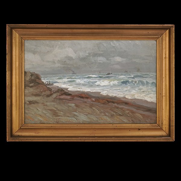 Maleri Skagen. Hans Gyde Petersen, 1862-1943, olie på lærred. Motiv i form af Skagen strand. Signeret og dateret "Skagen d. 20. April 09". Lysmål: 28x42cm. Med ramme: 39x53cm