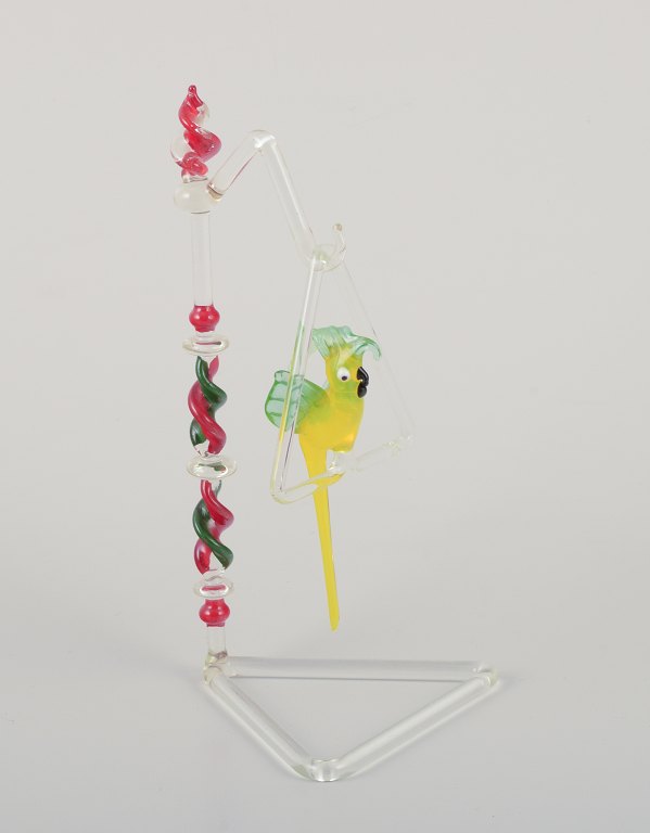Murano, Italy. Rare sculpture of a parrot hanging on a stand.Mouth-blown art glass.