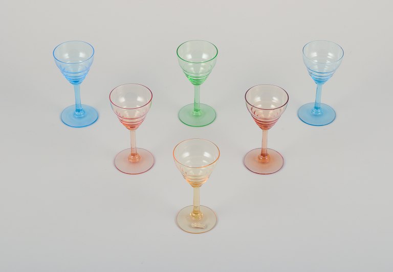 Pukeberg, Sweden. A set of six liqueur glasses. Colored art glass.Handmade.