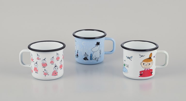 Muurla, Finland. Three enamel mugs with handles. Featuring illustrations of Moomins.