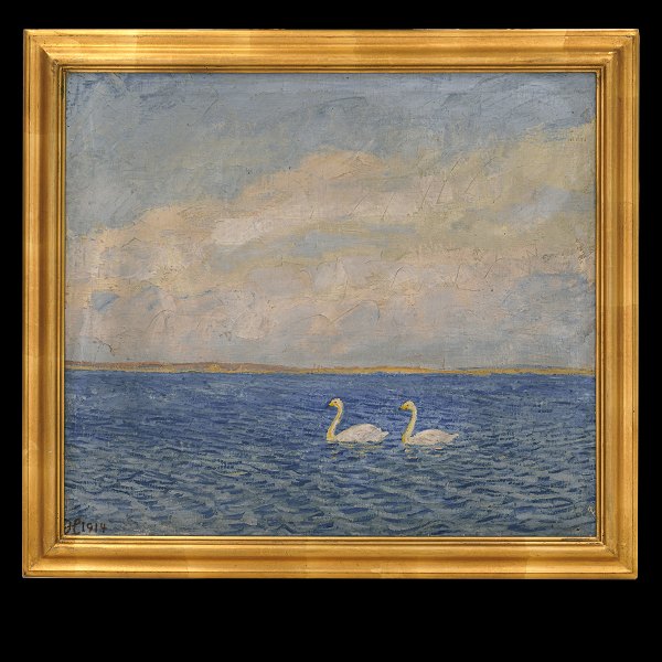 Johannes Larsen, Denmark, 1867-1961, oil on canvas. Two swans. Signed and dated 
Johannes Larsen 1914. Visible size: 56x63cm. With frame: 66x73cm