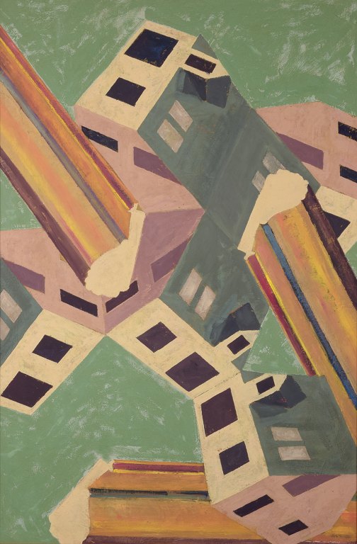 German contemporary artist.Oil on canvas.Large painting of architectural structures in a futuristic style.