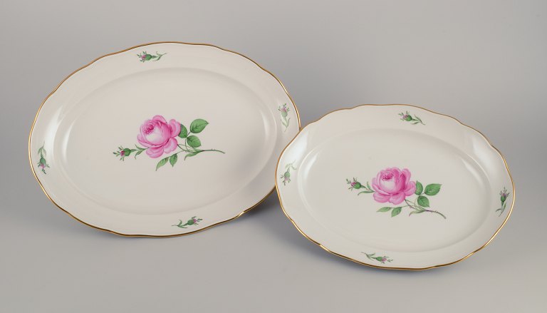 Meissen, two large oval "Pink Rose" serving platters.Hand-painted with pink rose, gold rim.