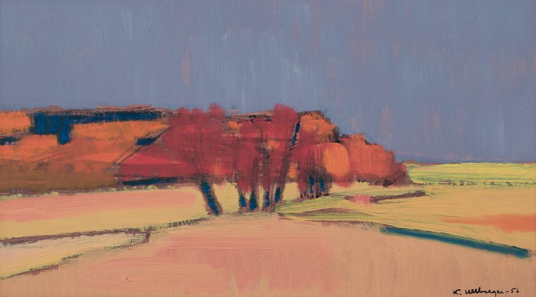 Kurt Ullberger (1919-2008) Swedish artist. Oil on board.Modernist autumn landscape.
