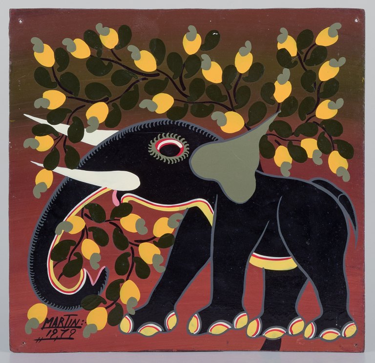 Acrylic on board. Haitian painter.Elephant calf. Naive style.