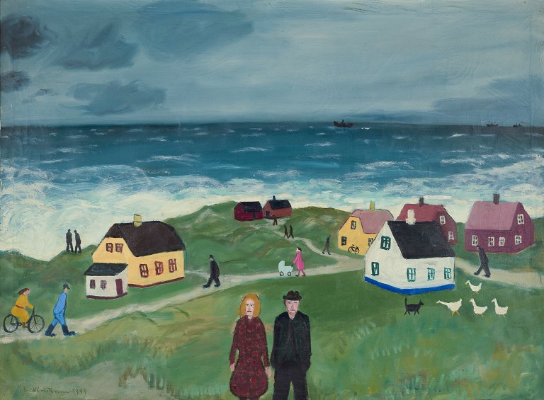 Knud Kristensen, oil on canvas.Naive landscape from Hanstholm, North Sea.