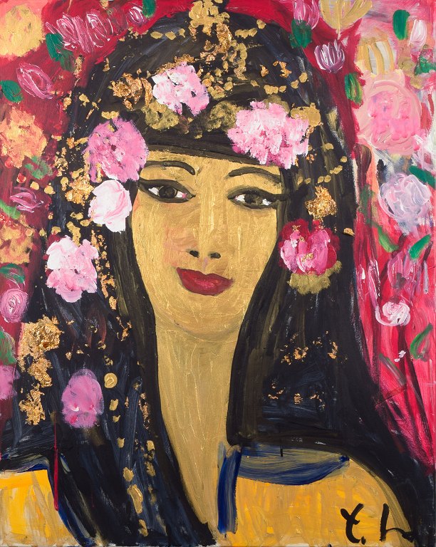 Yrsa Isabel Lind, Danish artist. Acrylic on canvas.Young woman with flowers in her hair. Gold leaf in hair.