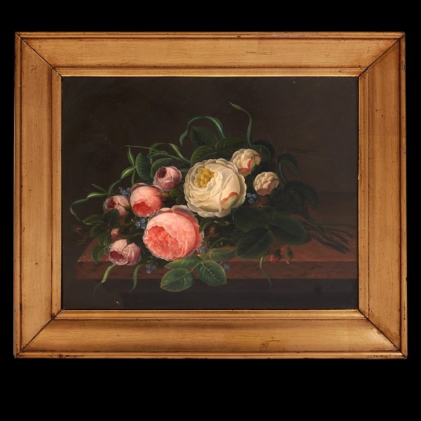Light red and white roses by the School of I L Jensen. Denmark circa 1830-40. 
Oil on wood. Visible size: 32x40cm. With frame: 44x52cm