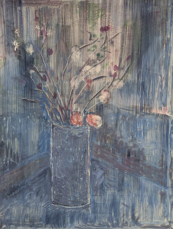 Lars Byström (1940-2006), svensk kunstner. 
Tempera på plade.
Blomster i vase.