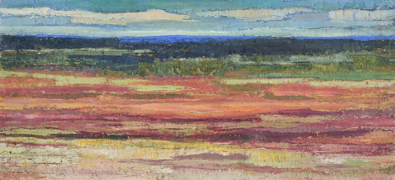 Ola Gerhardt (1920-2006), svensk kunstner. 
Olie på plade.
Abstrakt landskab.