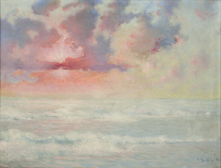 Jean Geoffroy (1853–1924) fransk kunstner.
Olie på lærred.
Brænding i solnedgang.