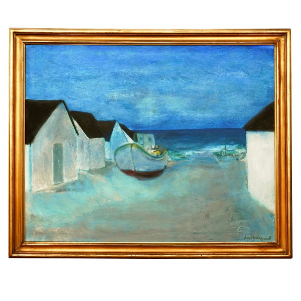 Jens Søndergaard, 1895-1957, oil on canvas. Boats at the beach. Signed. Visible 
size: 78x99cm. With frame: 92x112cm