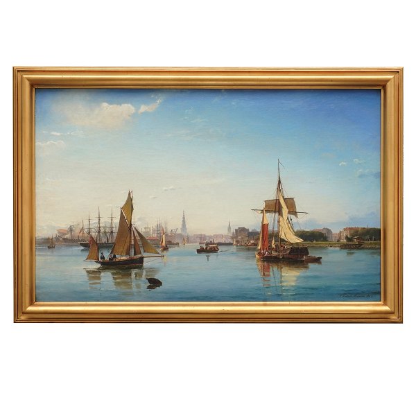 C. F. Sørensen painting. Carl Frederik Sørensen, 1818-79, oil on canvas. Signed 
and dated 1863. The port of Copenhagen. Very nice condition. Visible size: 
78x123cm. With frame: 95x140cm