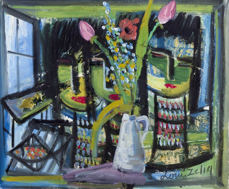 Louis Zelig, svensk kunstner.
Olie på lærred.
Stilleben med blomster.