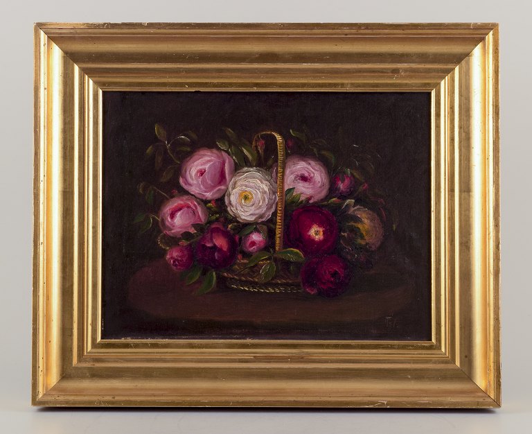 Olie på lærred.
Roser i kurv.