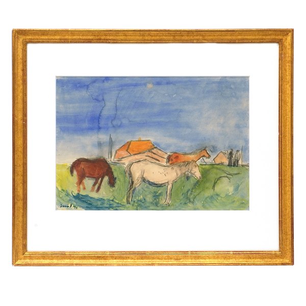 Jens Søndergaard, 1895-1957, water color. Landscape with horses signed and dated 1941. Visible size: 25,5x36,5cm. With frame: 45x53cm
