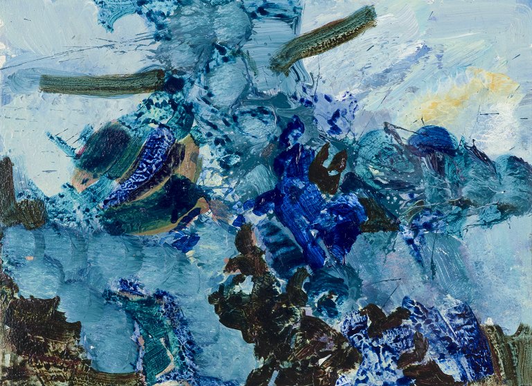 Torsten Hult (1922–2012), svensk kunstner.
Olie på karton.
Abstrakt komposition.