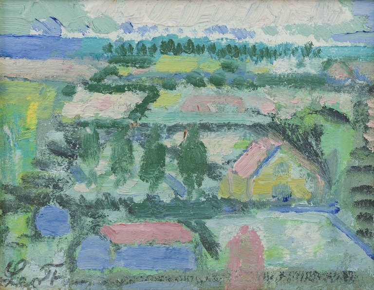 Leo Thellefsen (1909 - 1997), oil on board. Modernist landscape.