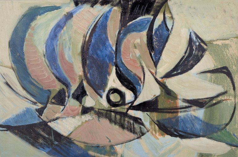 Thorsten Hult (f. 1922), svensk kunstmaler. Olie på plade.
Abstrakt komposition.
Farverig palette.