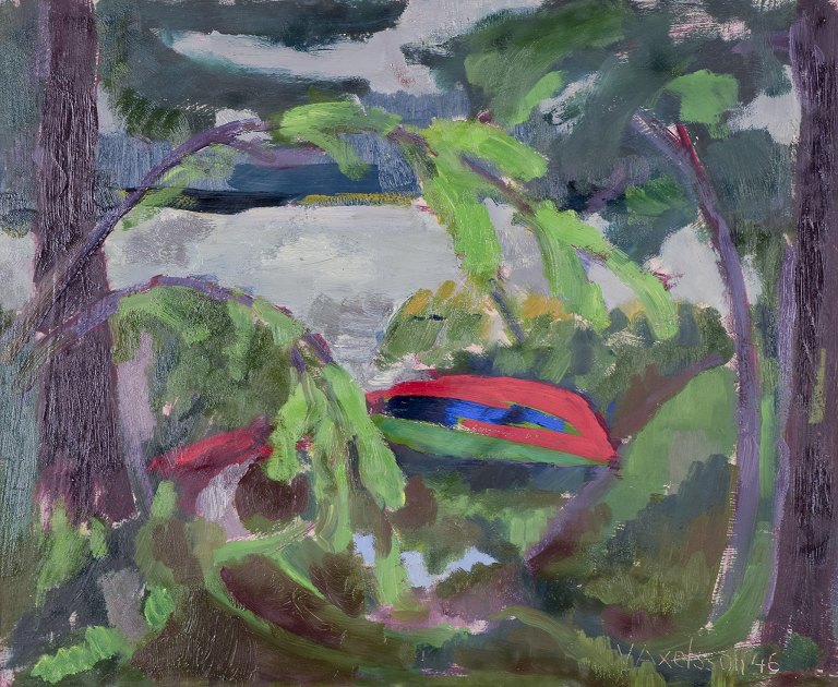 V. Axelsson, svensk kunstner.
Olie på malerplade.
Modernistisk landskab.