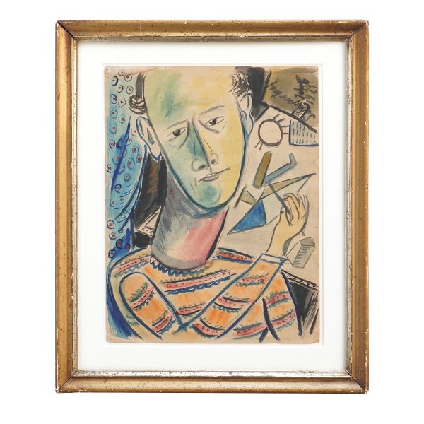 John Christensen, 1896-1940, water color. Self portrait signed and dated 1929. 
Visible size: 34x25cm. With frame: 46x37cm