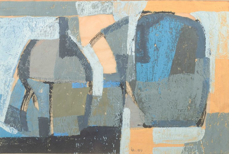 Ubekendt skandinavisk kunstner
Abstrakt komposition.
Mixed media på papir, signeret og dateret “ie. 57”.