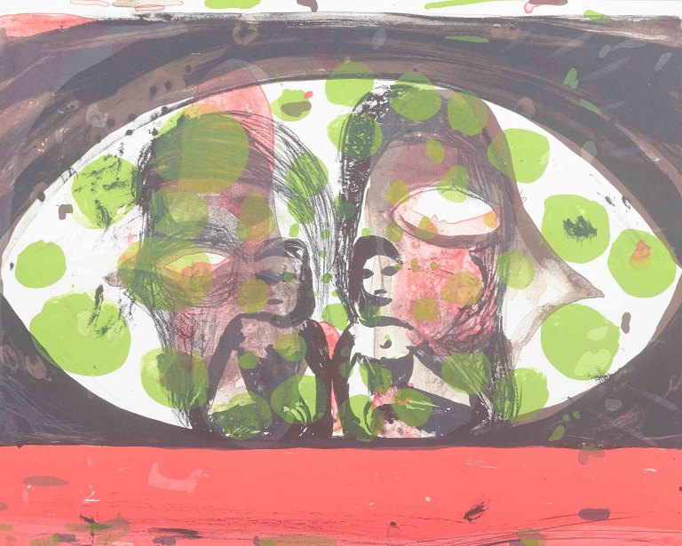 Tal R
Abstrakt komposition med figurer.
Litografi i farver.