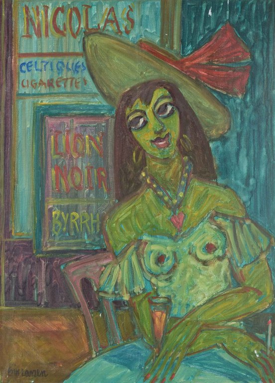 Erik Larsen
Painting, portrait of a woman in a bar with hat.