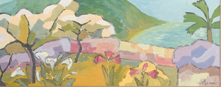 Kaare Sunde, norsk kunstner.
Eksotisk landskab.
Olie på lærred, 1955.