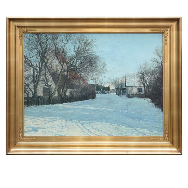 Ole Ring maleri. Ole Ring, 1902-72, olie på lærred. Vinterdag i snedækket 
landsby. Signeret og dateret 1963. Lysmål: 57x75cm. Med ramme: 76x94cm