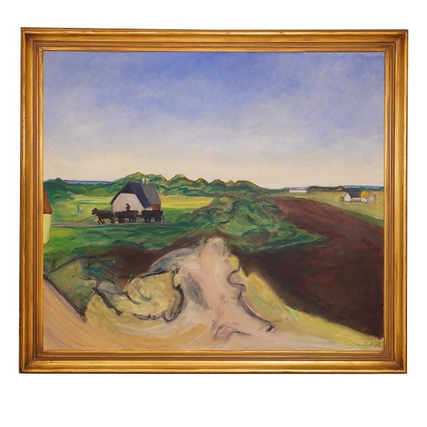 Jens Søndergaard, 1895-1957, oil on canvas. "Landscape" signed and dated 1952. 
Visible size: 117x129cm. With frame: 135x147cm