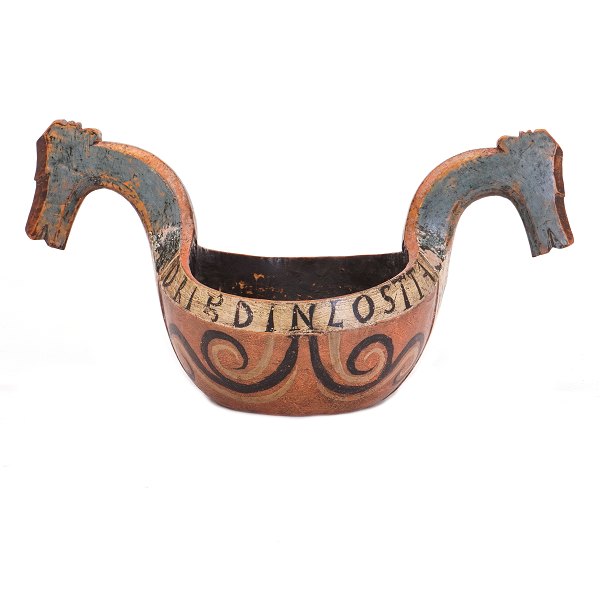 Norwegian early 19th century wood cut drinking bowl dated 1803. H: 21cm. L: 41cm