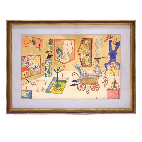 Robert Storm Petersen, 1882-1949, Danish artist and humorist. Water color on the 
theme of an art exhibition. Signed "Storm P.". Visible size: 30x47cm. With 
frame: 44x59cm