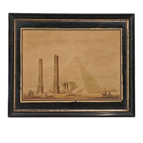 Ubekendt kunstner 1800-tallet: Egyptisk parti med pyramider og obelisker. Mixed media, pen og akvarel. Lysmål: 34x46cm. Med ramme: 48x59cm